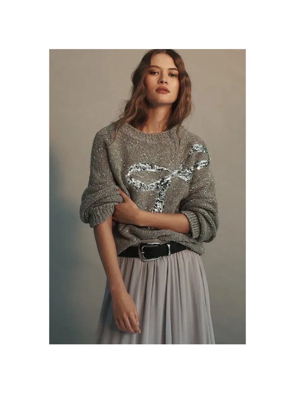 Maeve Anthropologie gray Boucle knit sequin bow sweater size medium